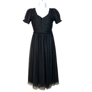 Vintage-Inspired Ivy City Co Black Midi Dress With Puff Sleeves & Ruched Bodice